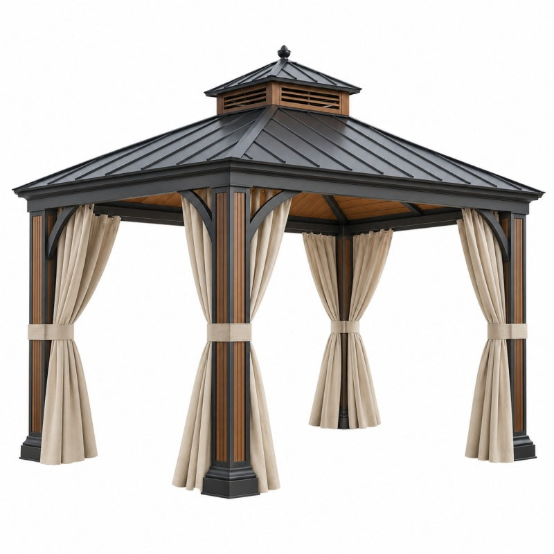 Altana ogrodowa 300 x 300 x 300 cm metalowa czarno brązowa z zadaszeniem i zasłonami