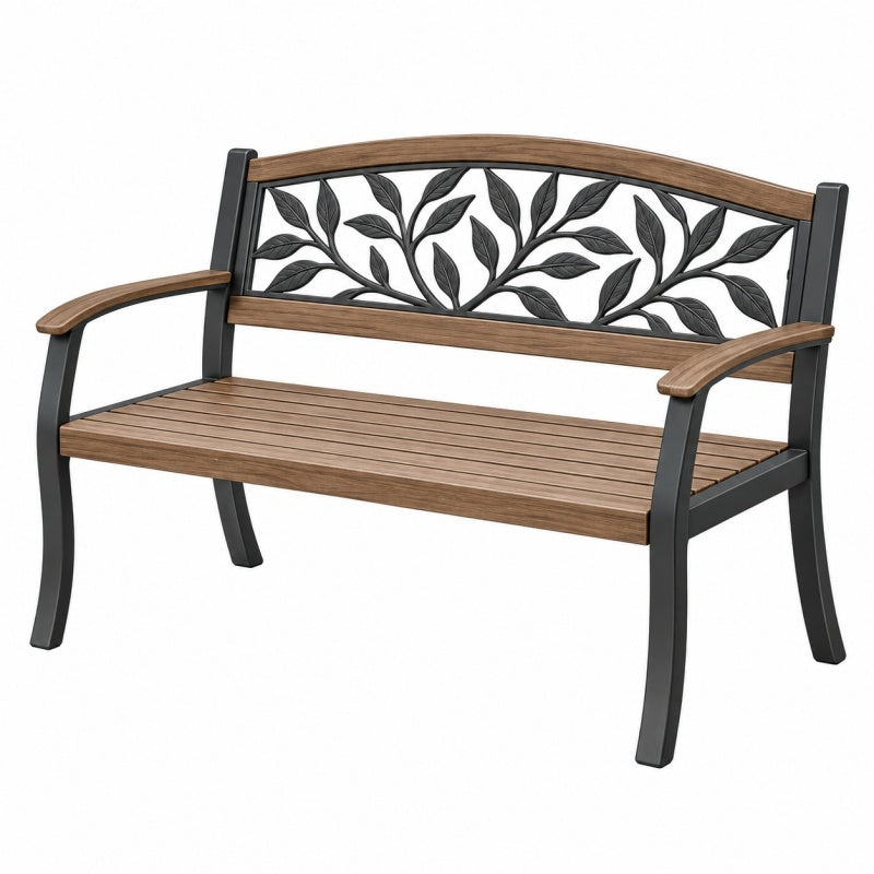 Ławka ogrodowa 122 x 61 x 88 cm metalowa brązowo-czarna z oparciem w motyw liści
