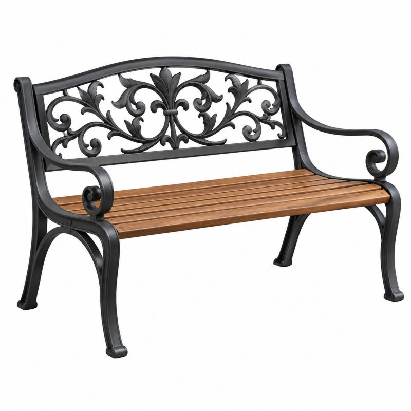 Ławka ogrodowa 125 x 59 x 83 cm metalowo drewniana czarno brązowa klasyczna z oparciem