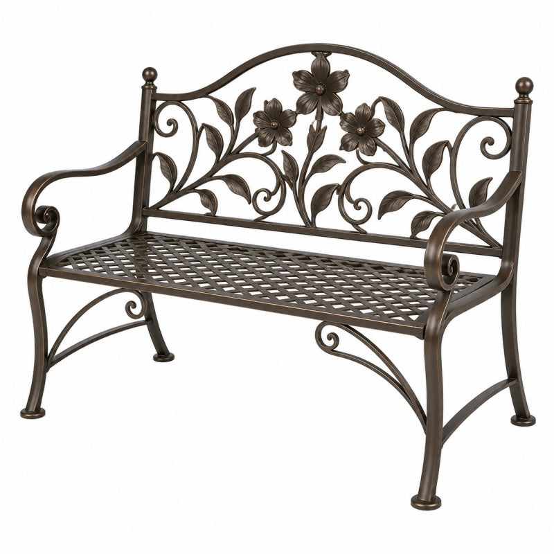 Ławka ogrodowa 122 x 61 x 91 cm metalowa brązowa z motywem kwiatowym