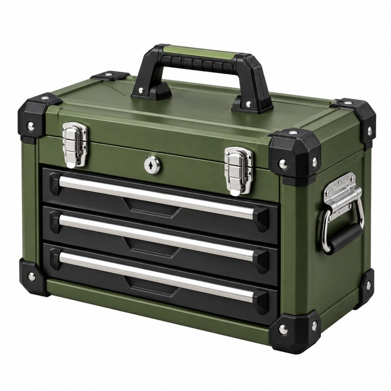 Skrzynka narzędziowa 45 x 25 x 30 cm metalowa zielona z 3 szufladami przenośna